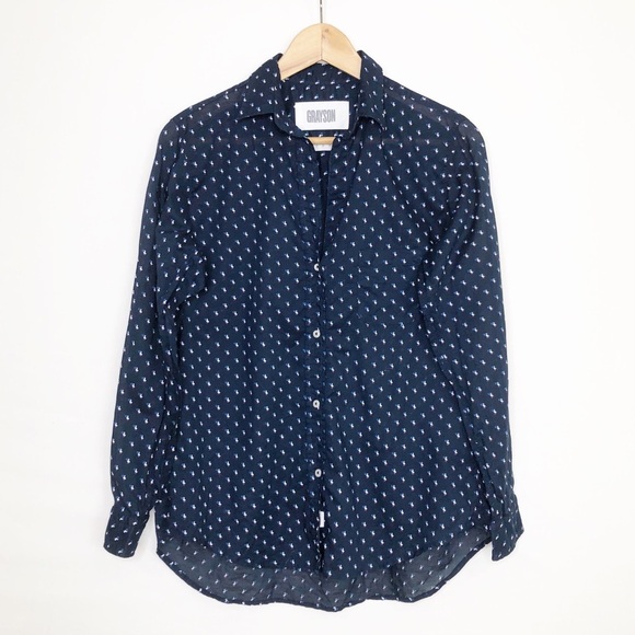 Grayson by Anthropologie size 2 navy blue duck print button down shirt. - Picture 3 of 10